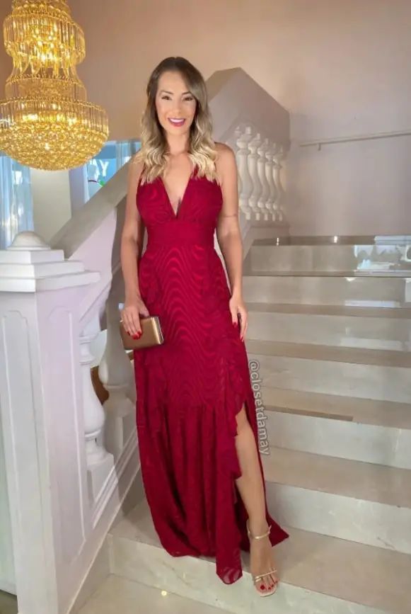 Maroon dress with gold shoes