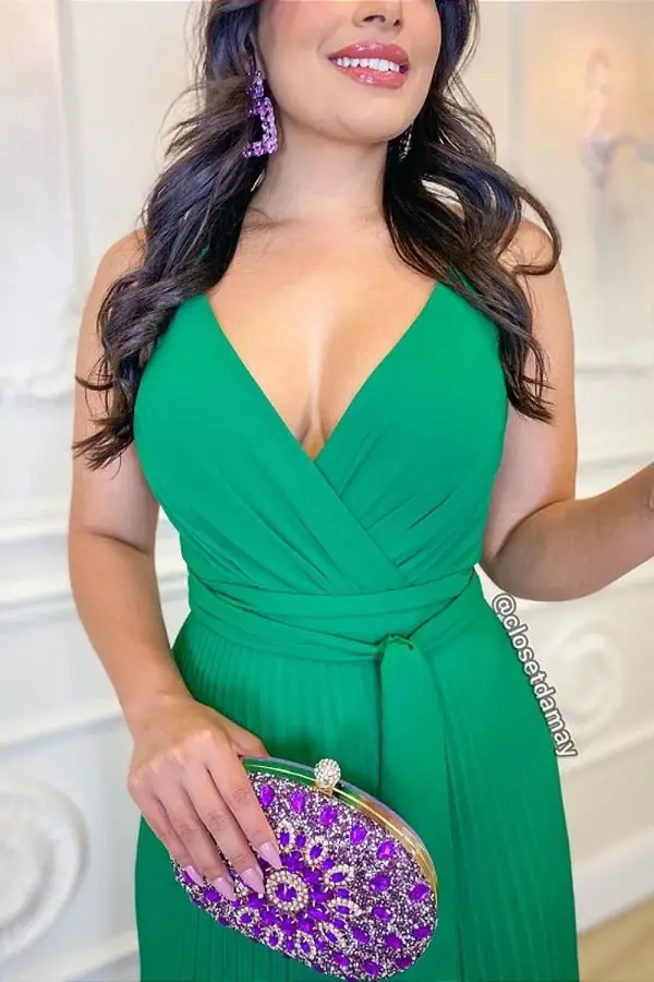 Green dress with lavender nail polish