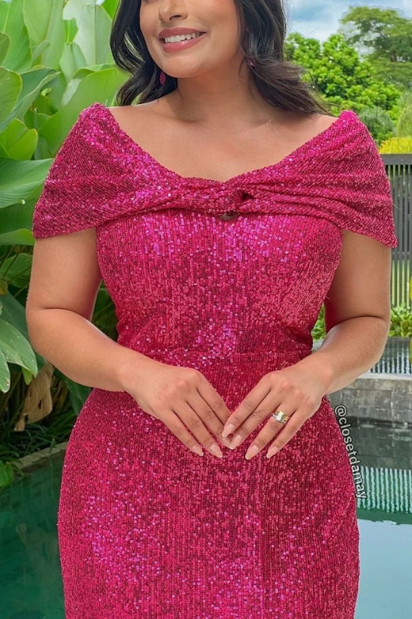 Hot pink dress with white nail polish