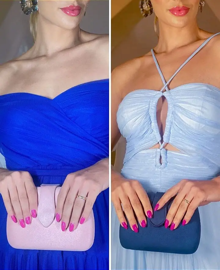 Blue dress with hot pink and magenta nail polish