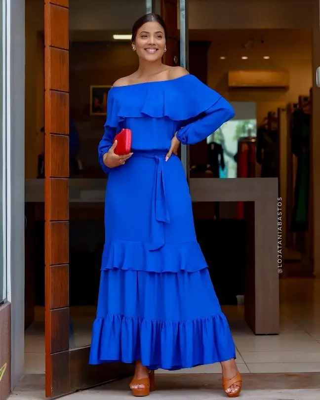 Royal blue dress with brown shoes