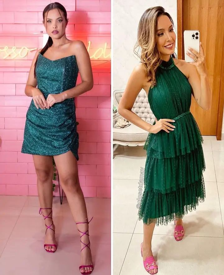 Green dress with pink shoes