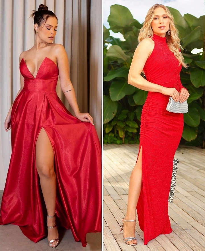 Red dress with silver shoes
