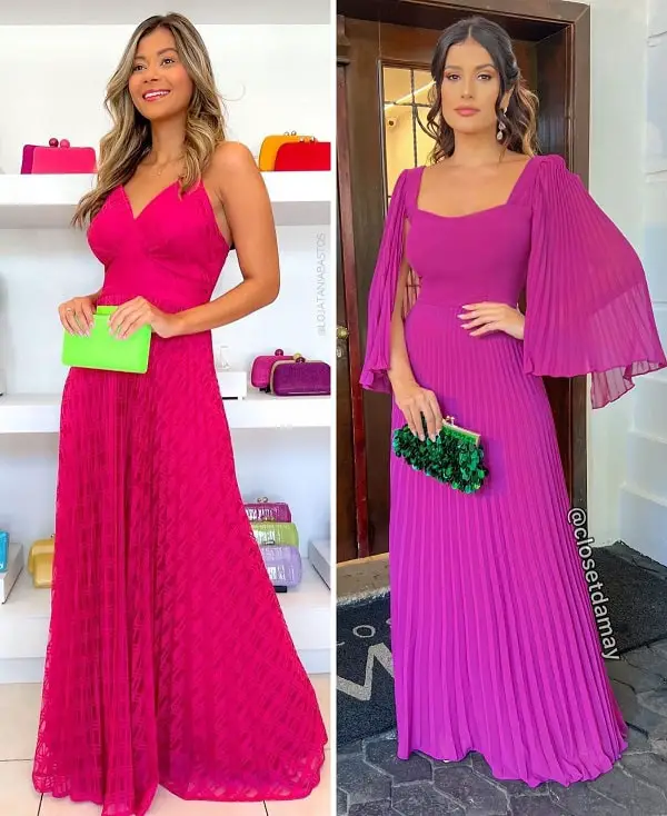 Hot pink and fuchsia dresses with green clutch bag
