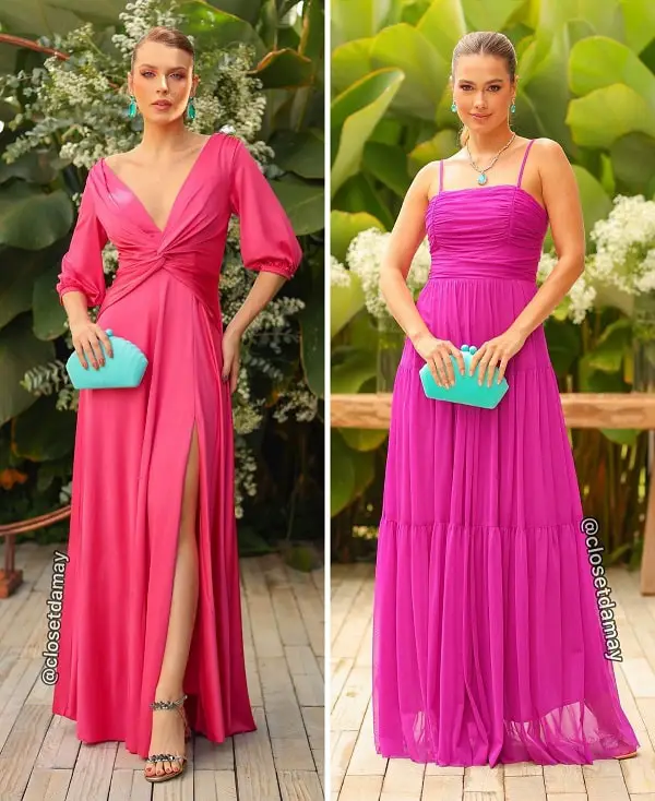 Hot pink and fuchsia dresses with turquoise clutch bag