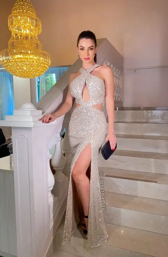Silver dress with black shoes
