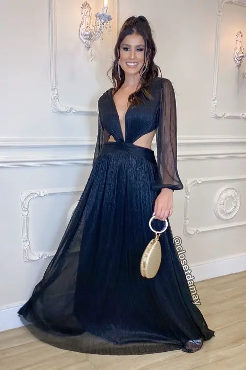 Black dress with gold purse
