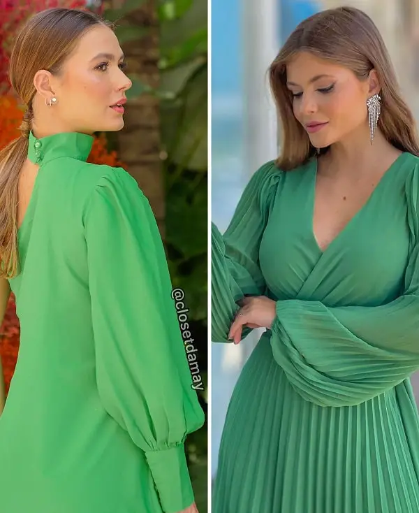 Green dress with hoop and fringe earrings