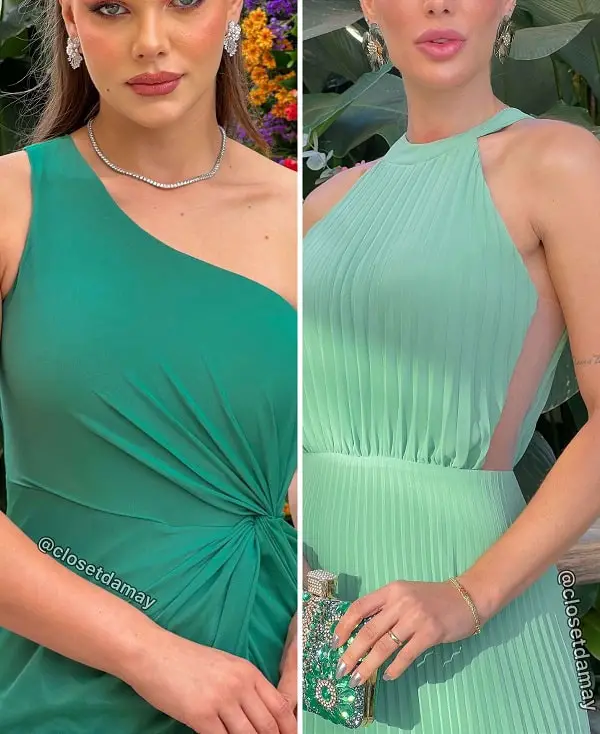Green dress with silver and gold jewelry