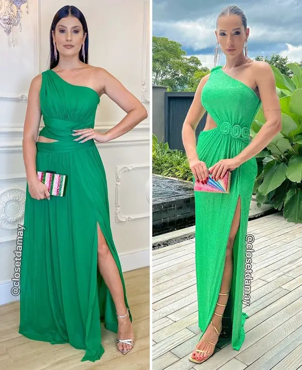 Green dress with silver and gold shoes
