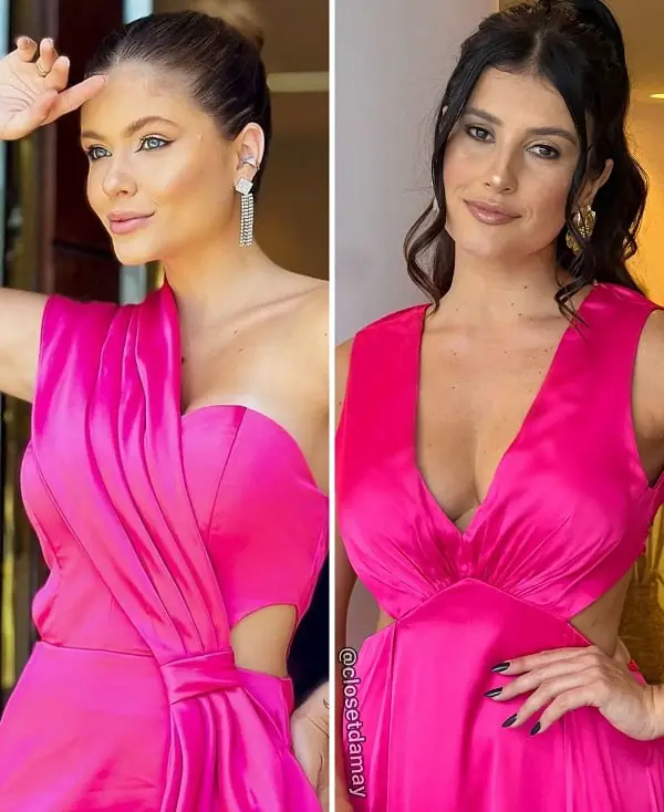 Hot pink dress with silver and gold accessories