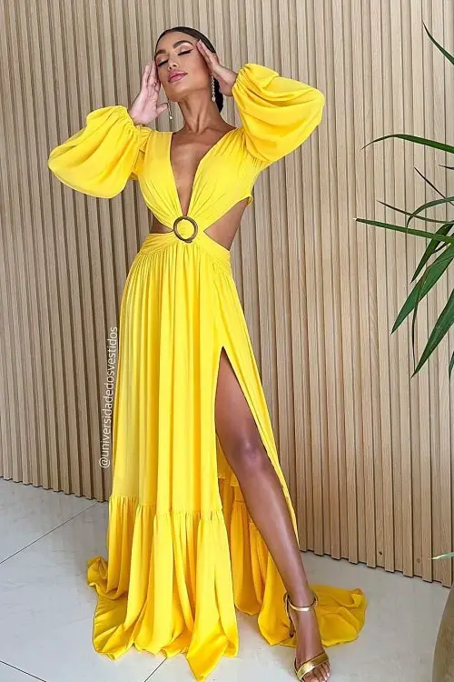 Yellow dress with gold shoes