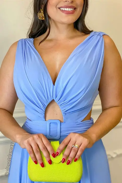 Light blue dress with gold jewelry