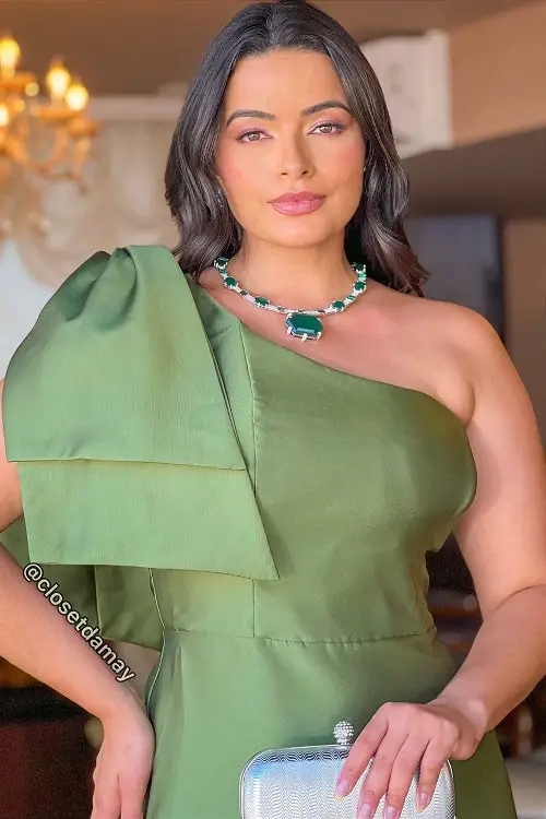 Olive green dress with green jewelry