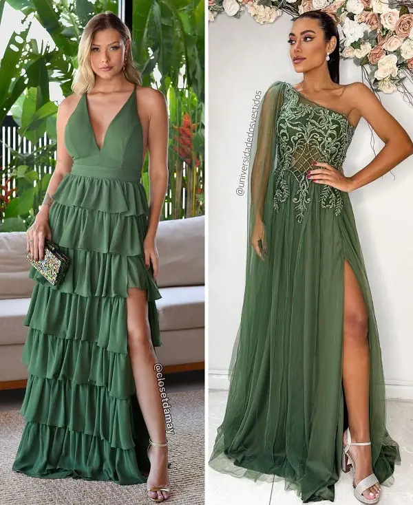 Olive green dresses with gold and silver shoes