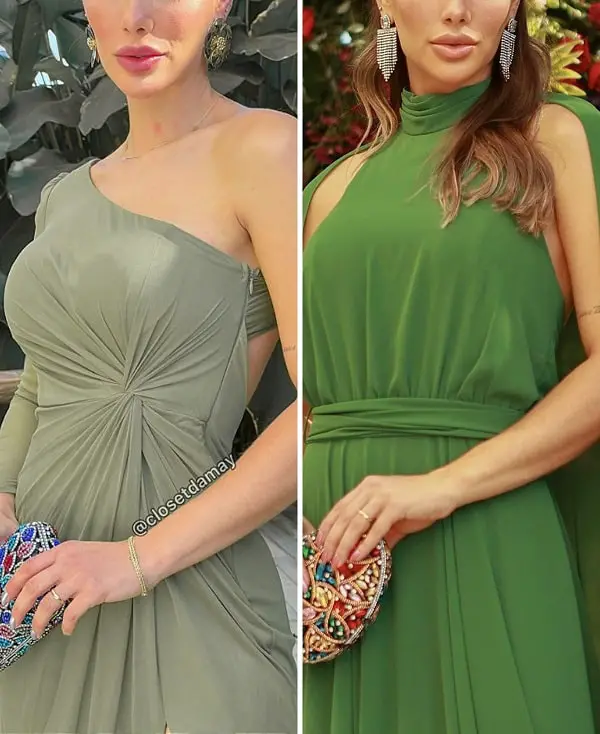 Olive green dresses with silver and gold earrings